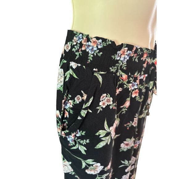 Joe B Floral Wide Leg Pants | Black Boho Lounge Crop | Size Large - Picture 5 of 8